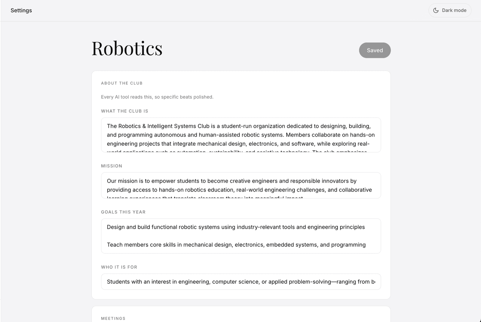 Club settings: the profile every tool reads